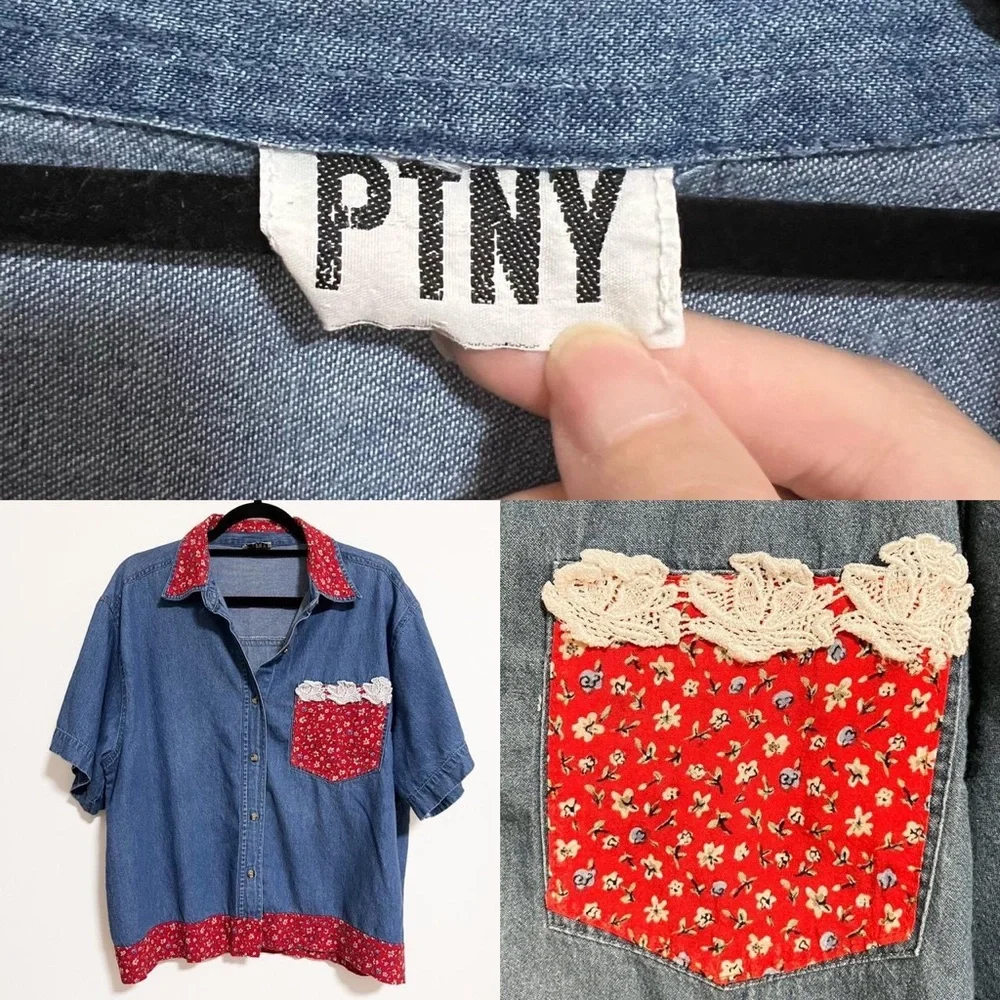 Vintage PTNY Denim Chambray and Calico Short Sleeve Button Up Blouse - Picture 4 of 4